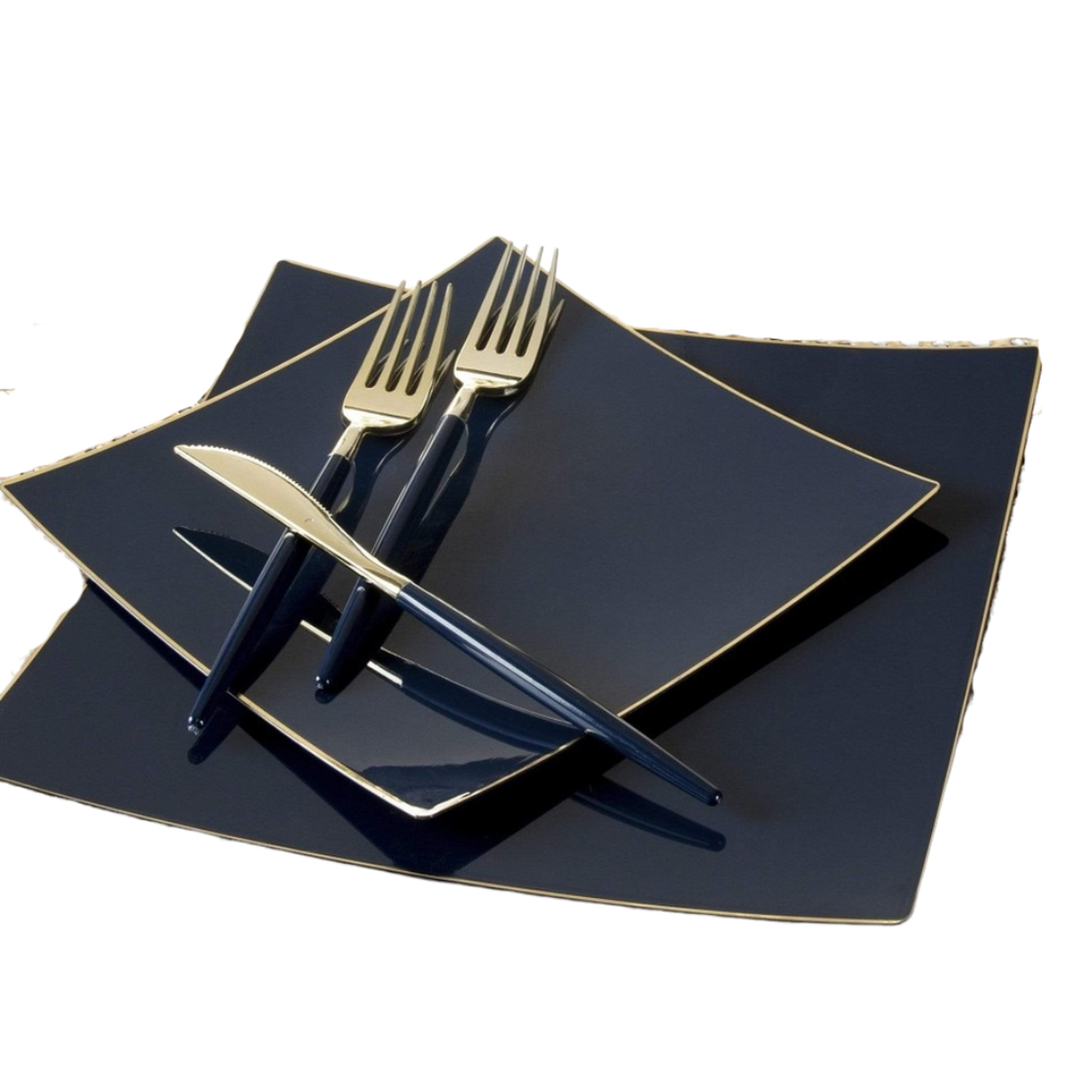 Navy blue and gold square plate set with matching cutlery tableware for celebration from Parte Haus party supply store in Bethesda Maryland