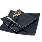 Navy blue and gold square plate set with matching cutlery tableware for celebration from Parte Haus party supply store in Bethesda Maryland