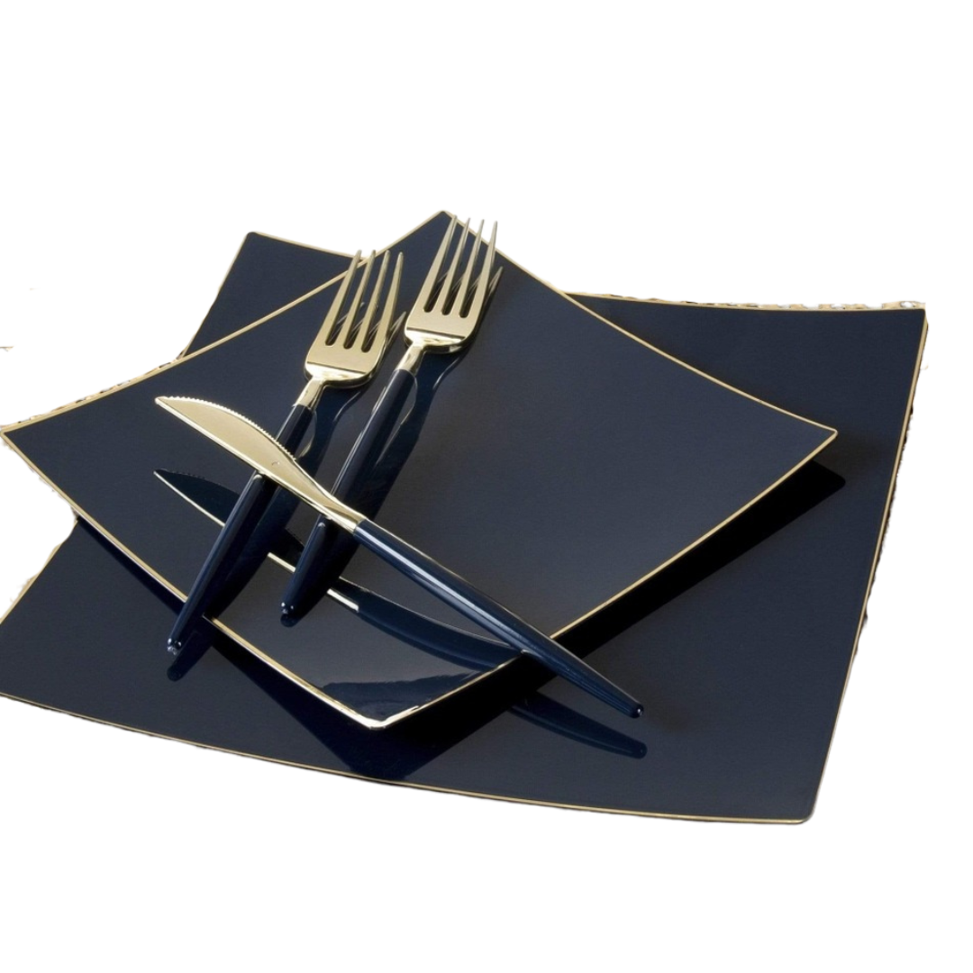 Navy blue and gold square plate set with matching cutlery tableware for celebration from Parte Haus party supply store in Bethesda Maryland