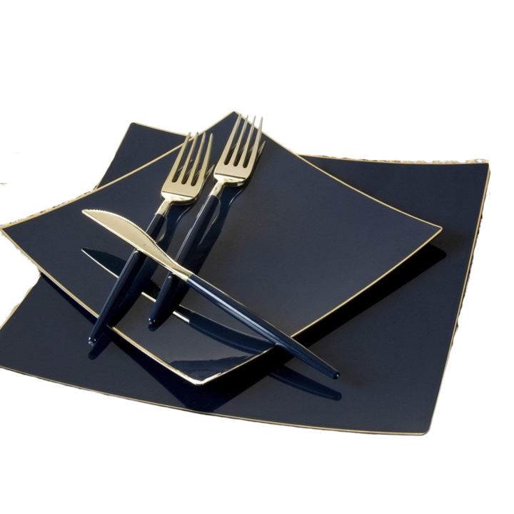 Navy Square Coupe Gold Rimmed Plastic Plates