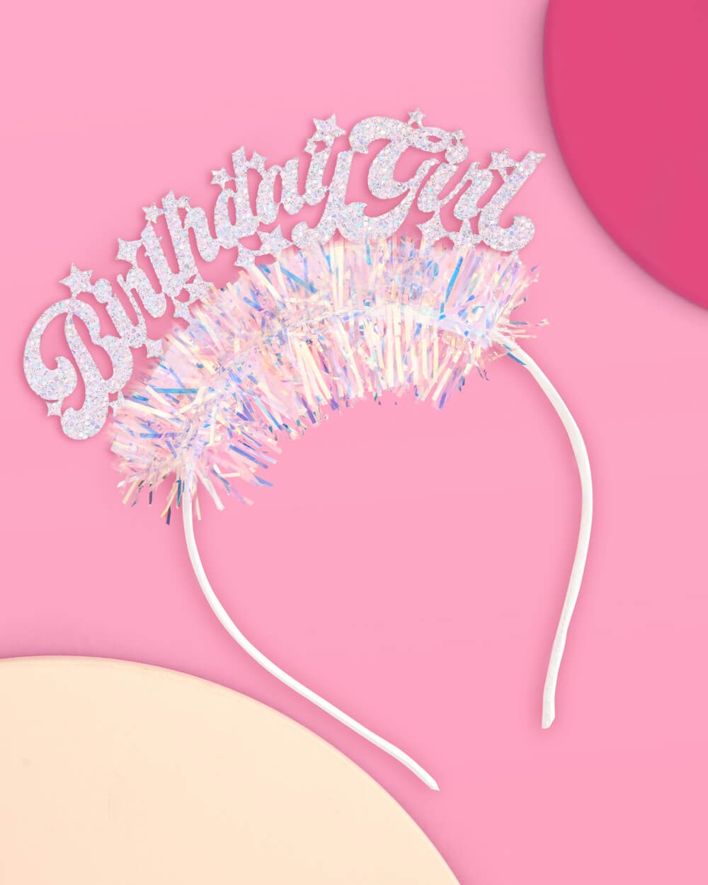 Pink glitter birthday girl headband with iridescent tinsel for birthday from Parte Haus party supply store in Bethesda MD