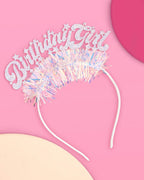 Pink glitter birthday girl headband with iridescent tinsel for birthday from Parte Haus party supply store in Bethesda MD