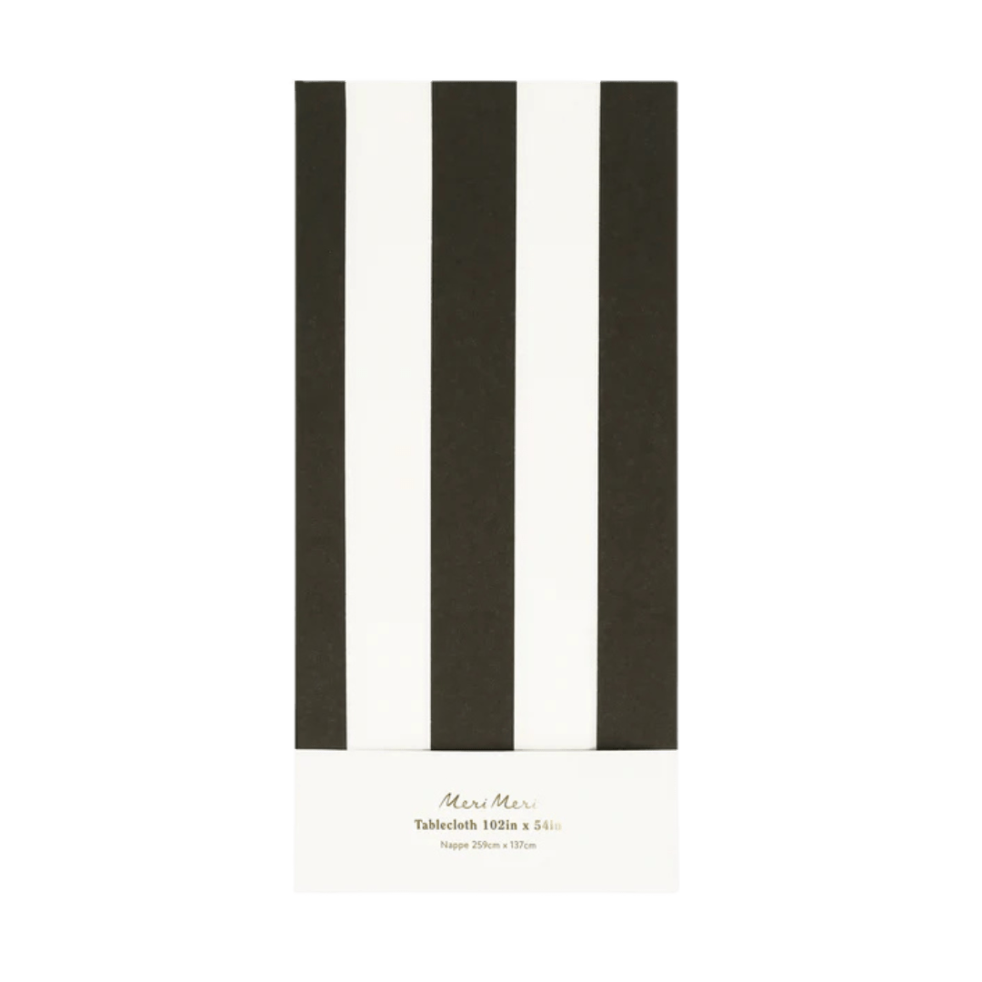 Black and white striped tablecloth folded classic party theme from Parte Haus party supply store in Bethesda MD
