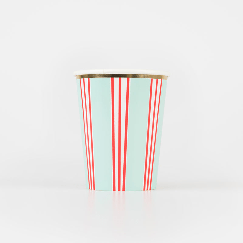 Mint and red striped paper cup with gold rim circus theme from Parte Haus party supply store in Bethesda MD