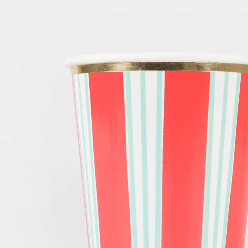 Red and teal striped paper cup with gold rim carnival theme from Parte Haus party supply store in Bethesda MD