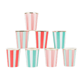 Red and teal striped paper cups with gold rim stack for birthday theme from Parte Haus party supply store in Bethesda Maryland