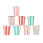 Red and teal striped paper cups with gold rim stack for birthday theme from Parte Haus party supply store in Bethesda Maryland