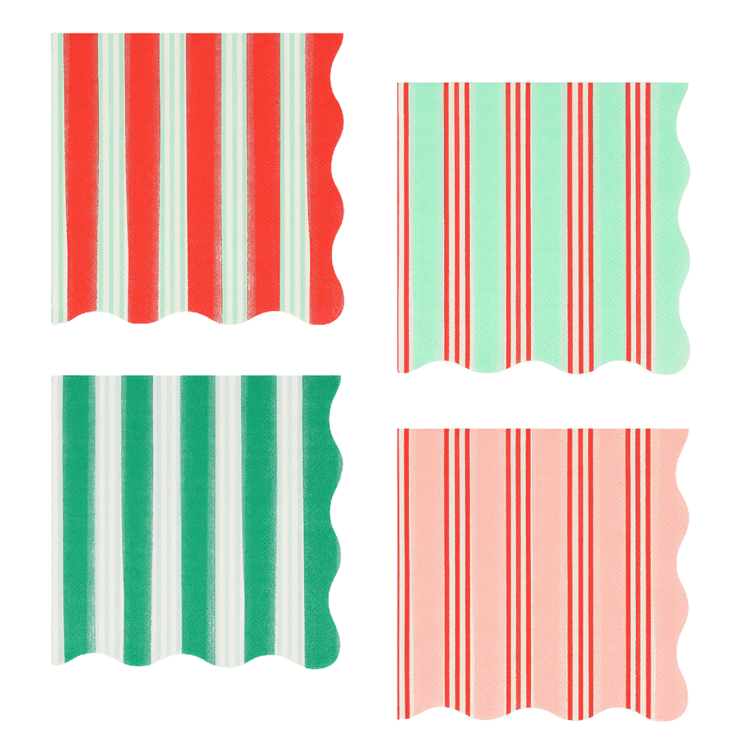 Red green pink striped scalloped paper napkins Christmas theme from Parte Haus party supply store in Bethesda Maryland