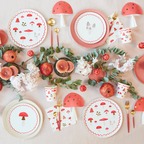 Red and white mushroom themed tableware for woodland birthday from Parte Haus party supply store in Bethesda Maryland