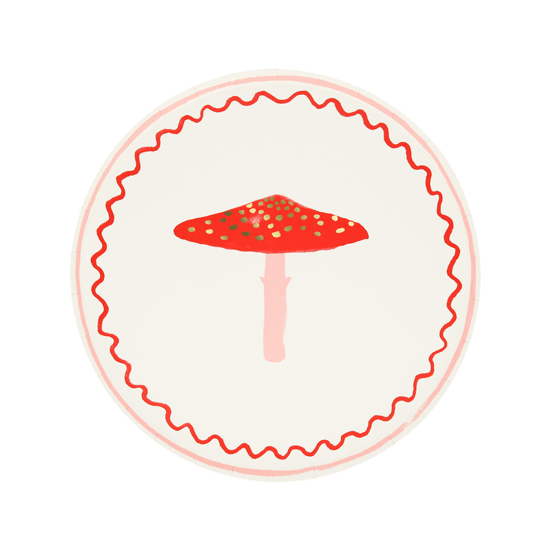 Red mushroom paper plate whimsical fairy theme from Parte Haus party supply store in Bethesda MD