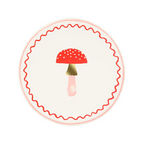 Red mushroom paper plate with red wavy border woodland theme from Parte Haus party supply store in Bethesda Maryland