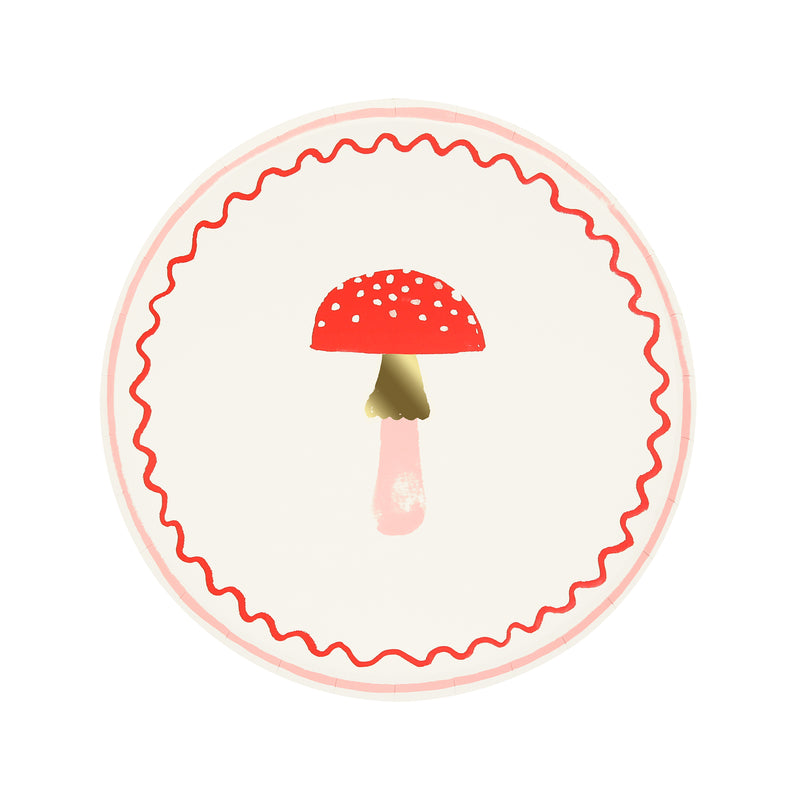 Red mushroom paper plate with red wavy border woodland theme from Parte Haus party supply store in Bethesda Maryland