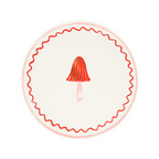 Red and pink mushroom paper plate with scalloped border whimsical picnic theme from Parte Haus party supply store in Bethesda Maryland
