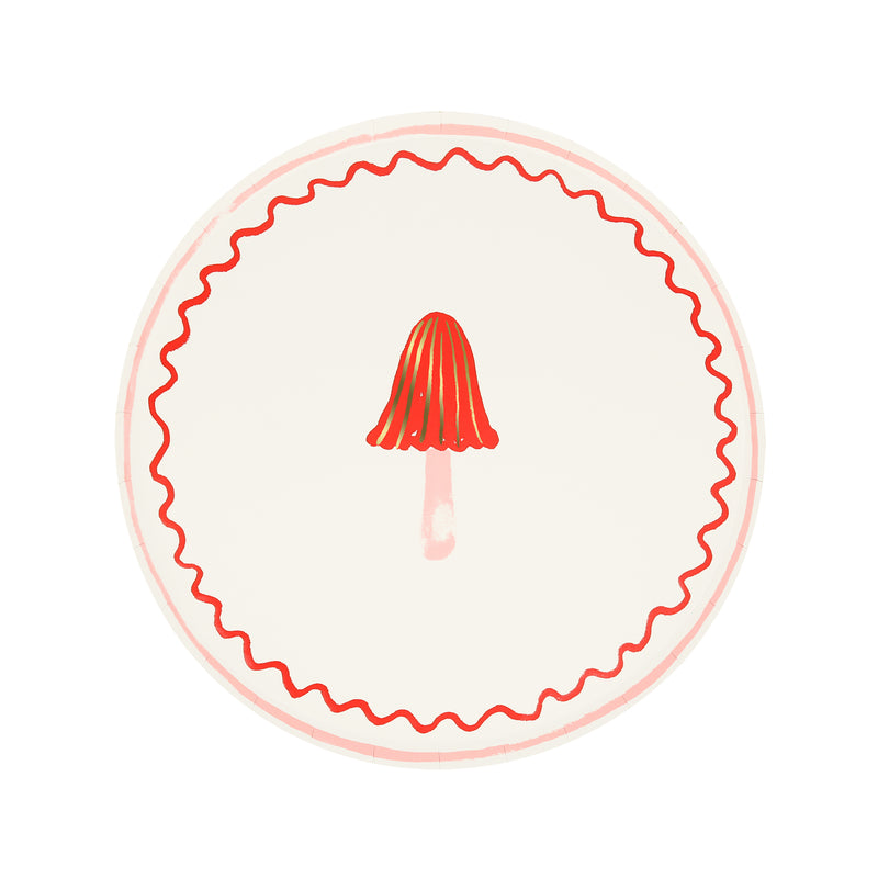 Red and pink mushroom paper plate with scalloped border whimsical picnic theme from Parte Haus party supply store in Bethesda Maryland