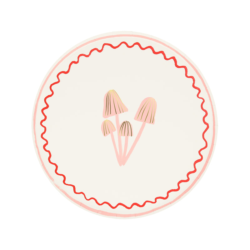 Cream mushroom paper plate with pink and red squiggle border woodland theme from Parte Haus party supply store in Bethesda MD.