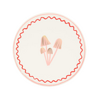 Cream mushroom paper plate with pink and red squiggle border woodland theme from Parte Haus party supply store in Bethesda MD.