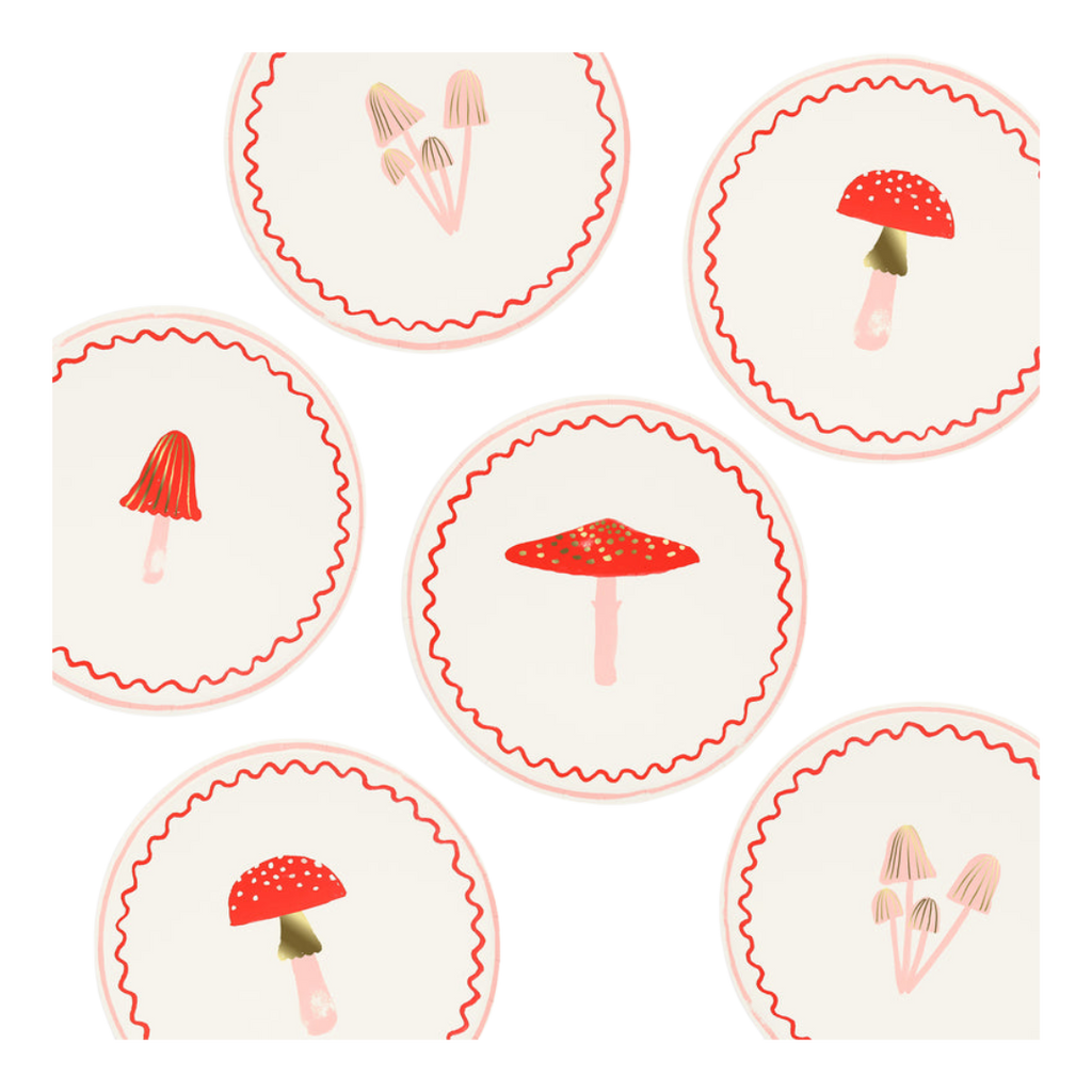 Red and cream mushroom paper plates whimsical woodland birthday theme from Parte Haus party supply store in Bethesda MD.