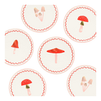 Red and cream mushroom paper plates whimsical woodland birthday theme from Parte Haus party supply store in Bethesda MD.