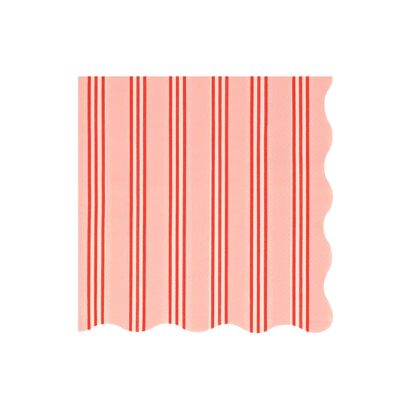 Pink and red striped napkin with scalloped edge for birthday from Parte Haus party supply store in Bethesda MD.