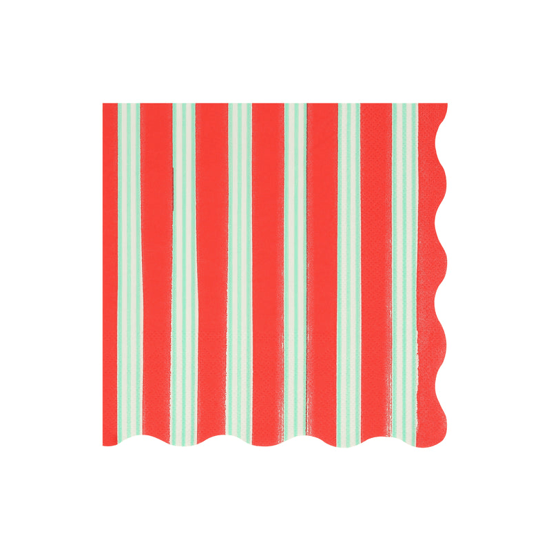 Red and mint striped napkin with scalloped edge Christmas from Parte Haus party supply store in Bethesda MD