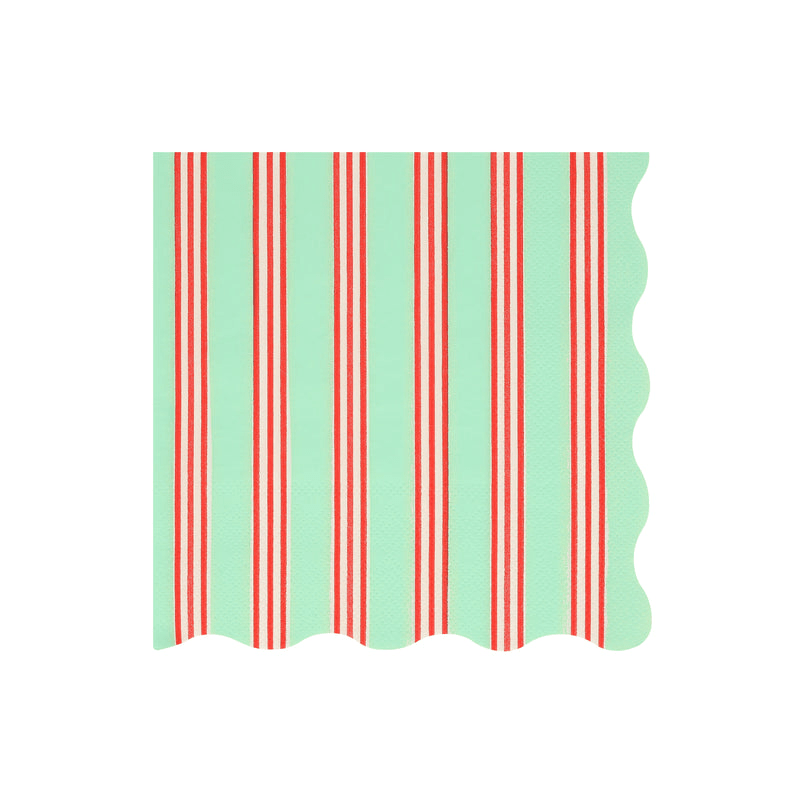 Mint and red napkin with vertical stripes and scalloped edge Christmas theme from Parte Haus party supply store in Bethesda MD.