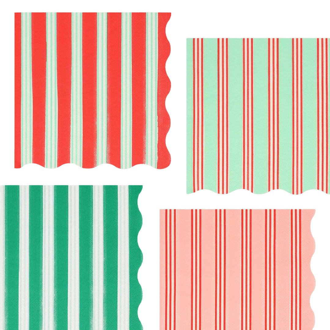 Red green and mint striped napkins with scalloped edges festive design from Parte Haus party supply store in Bethesda MD