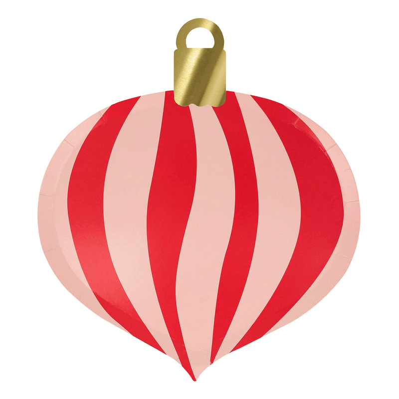 Red and pink ornament shaped plate for Christmas from Parte Haus party supply store in Bethesda MD