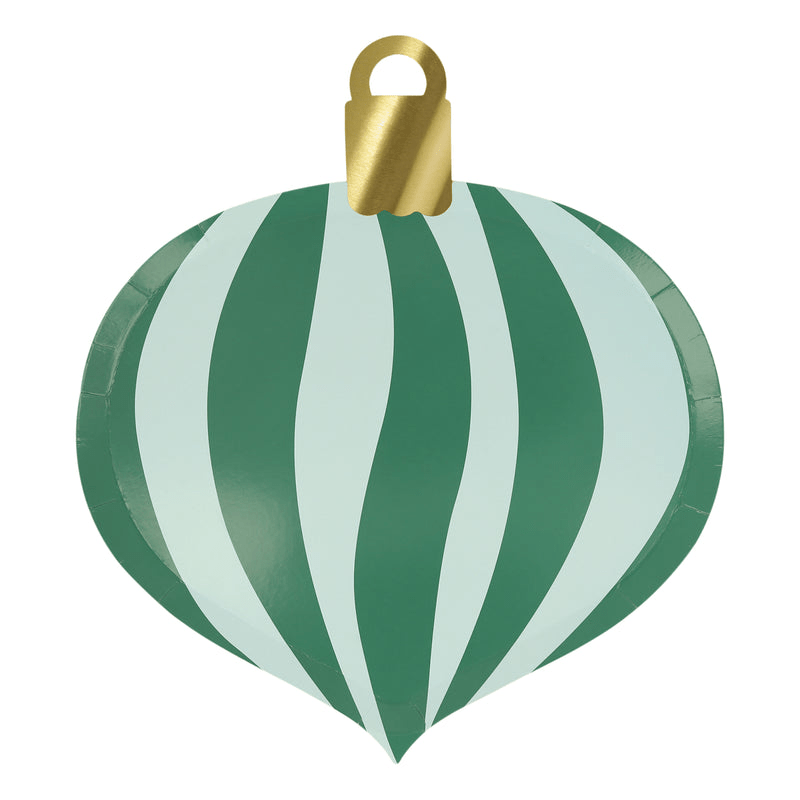 Green striped ornament shaped plate festive Christmas decor from Parte Haus party supply store in Bethesda MD