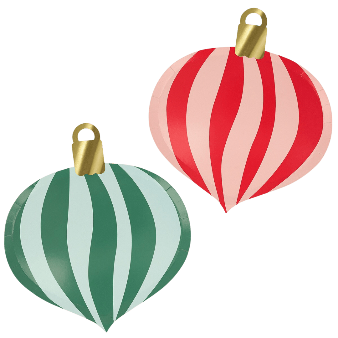 Green and red ornament shaped plates with gold detail Christmas decorations from Parte Haus party supply store in Bethesda MD
