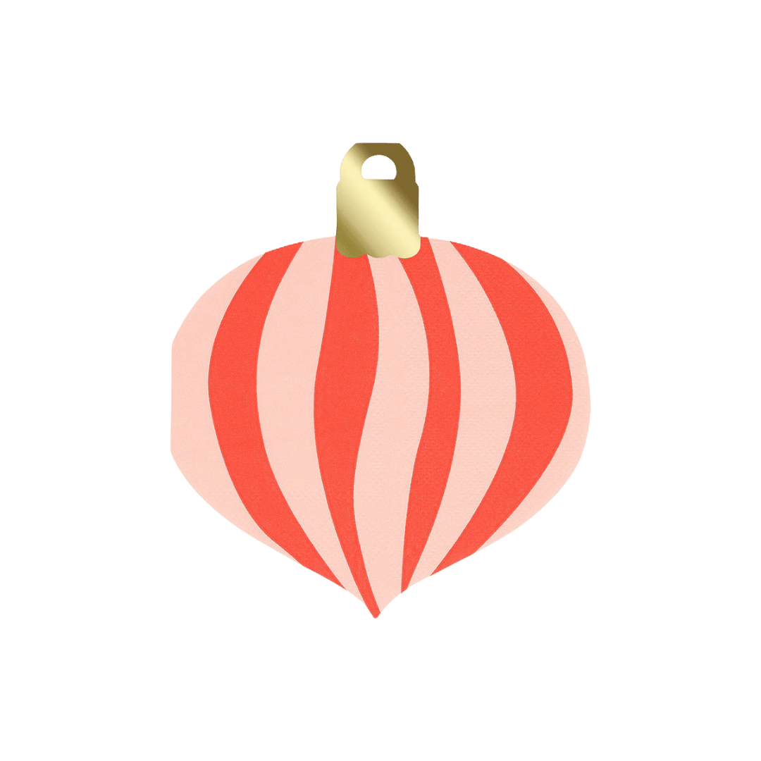 Red and pink ornament shaped gift tag with gold top for Christmas from Parte Haus party supply store in Bethesda MD.