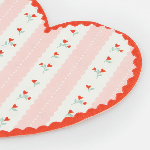 Pink & White Vintage Rose Heart Shaped Cocktail Napkin