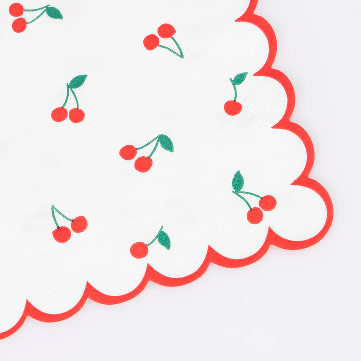 White with Red Cherry Pattern Cocktail Napkin