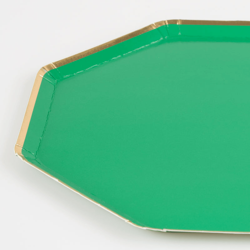 Green octagon plate with gold edge for birthday from Parte Haus party supply store in Bethesda MD.