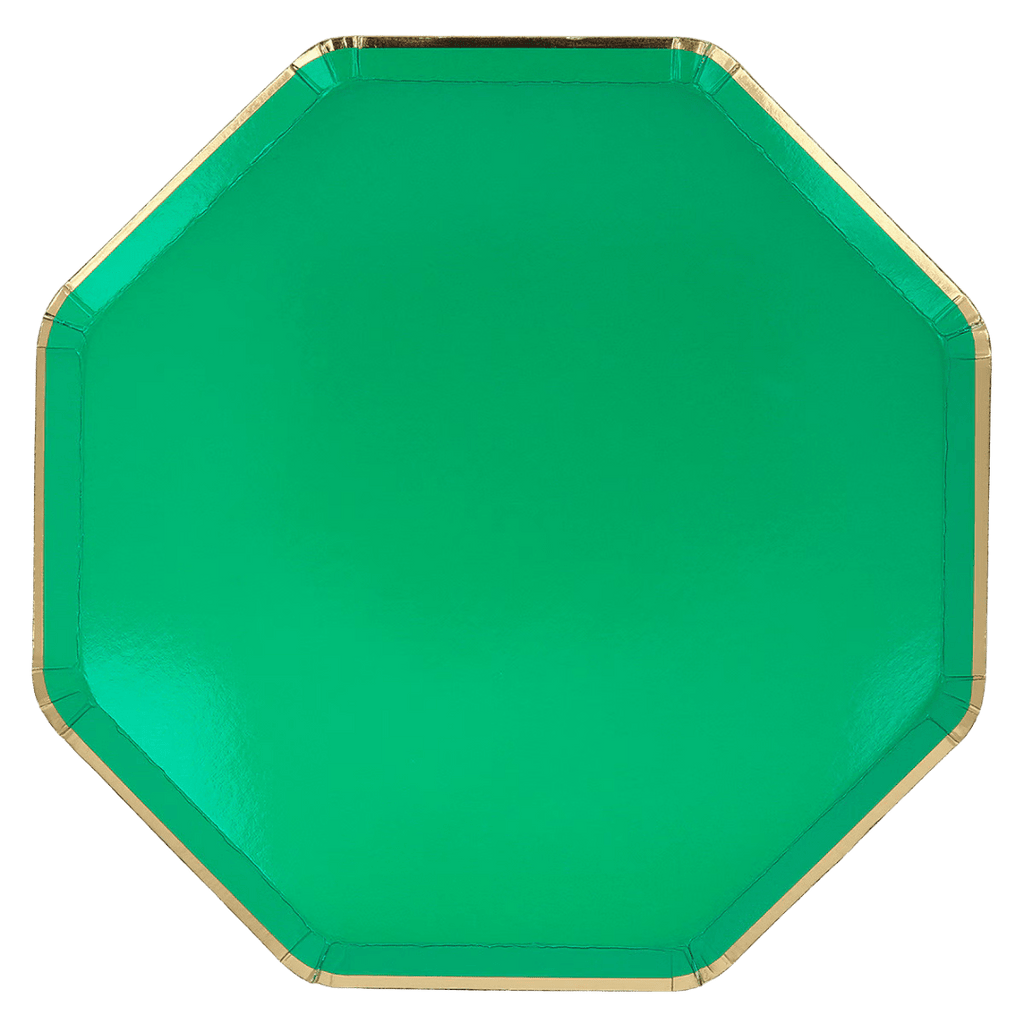 Green octagon paper plate with gold trim birthday tableware from Parte Haus party supply store in Bethesda MD.