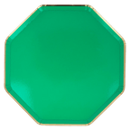 Green octagon paper plate with gold trim birthday tableware from Parte Haus party supply store in Bethesda MD.