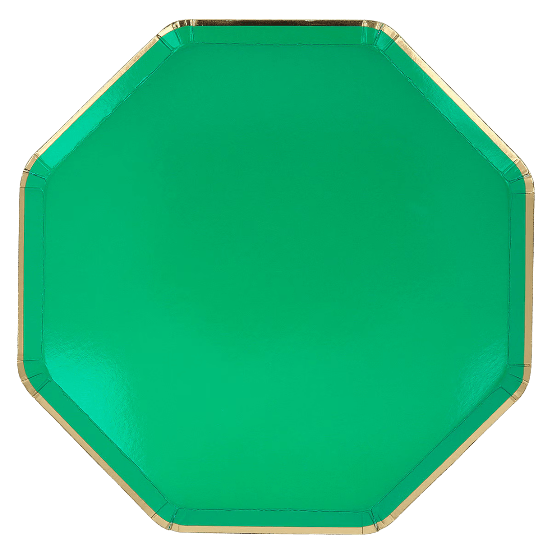 Green octagon paper plate with gold trim birthday tableware from Parte Haus party supply store in Bethesda MD.