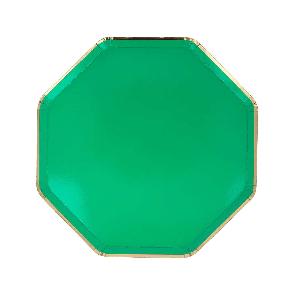 Green octagon paper plate with gold trim for birthday celebration from Parte Haus party supply store in Bethesda MD.