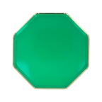 Green octagon paper plate with gold trim for birthday celebration from Parte Haus party supply store in Bethesda MD.