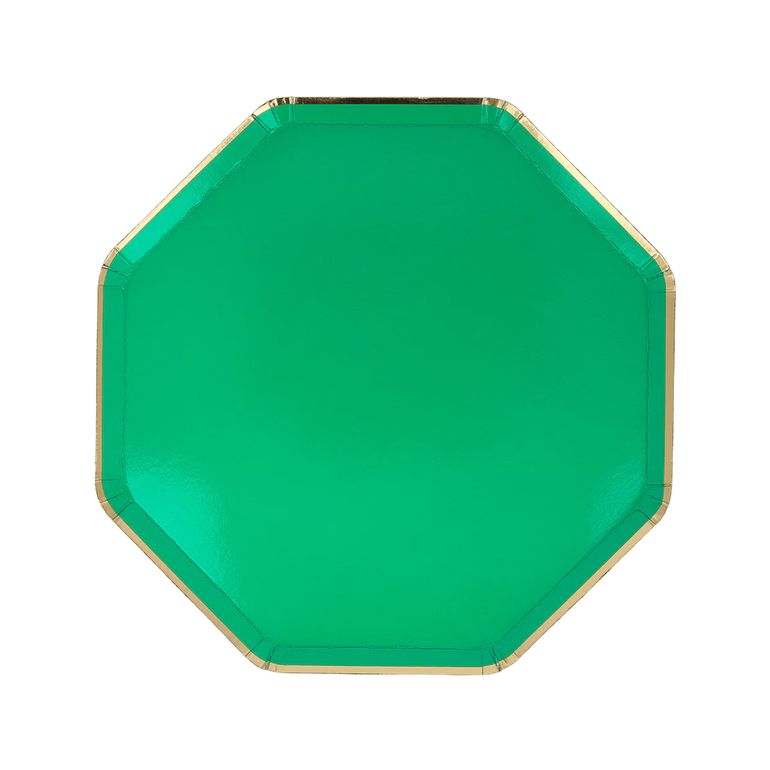 Green octagon paper plate with gold trim for birthday celebration from Parte Haus party supply store in Bethesda MD.