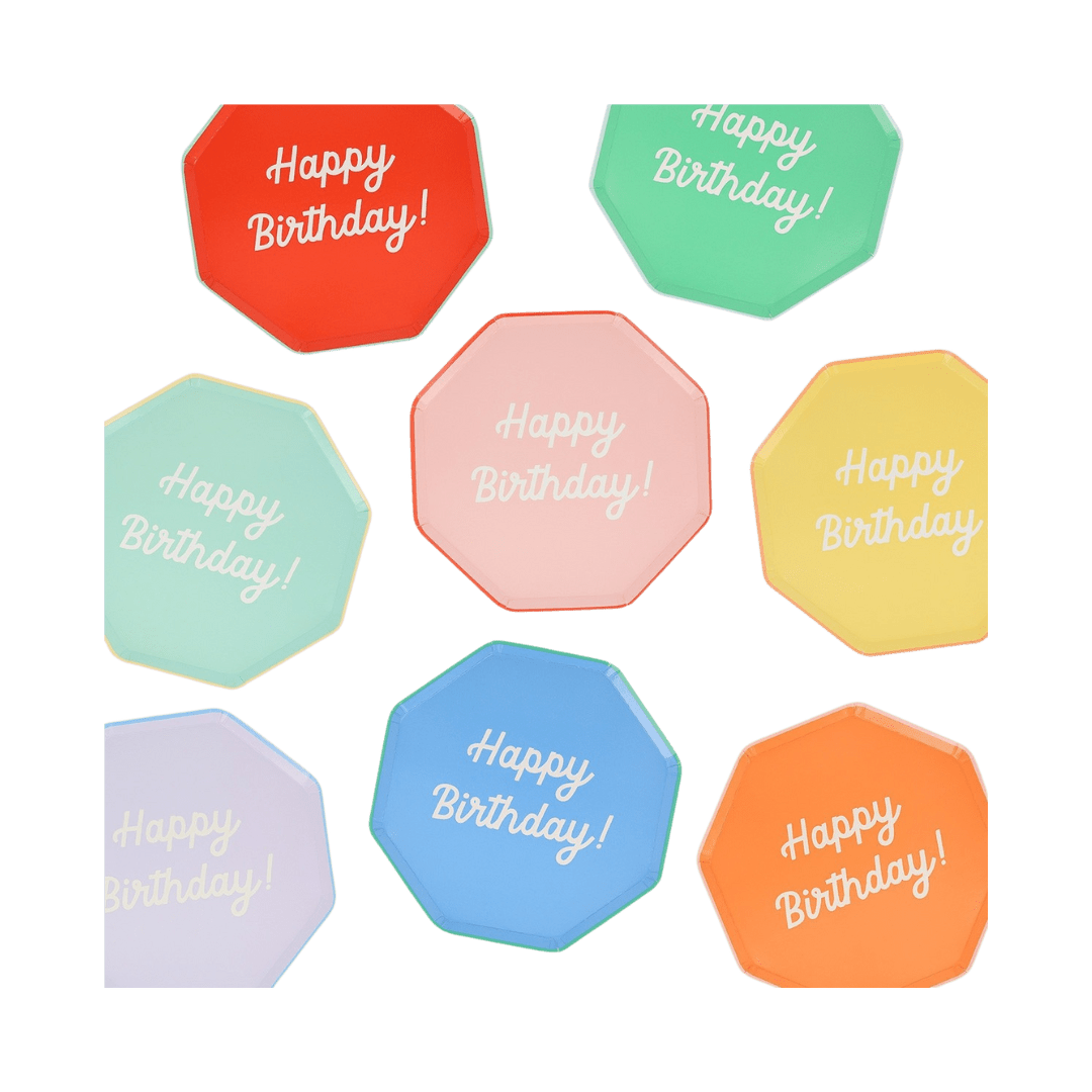 Multicolor birthday plates with Happy Birthday text for birthday celebration from Parte Haus party supply store in Bethesda MD