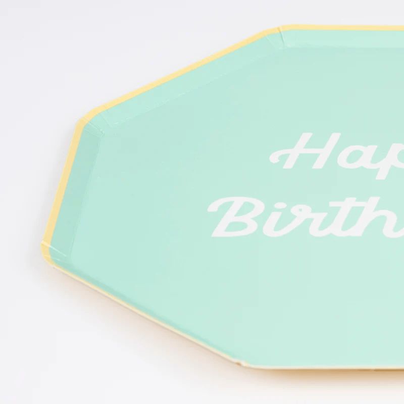 Mint green paper plate with yellow rim and Happy Birthday text birthday theme from Parte Haus party supply store in Bethesda MD