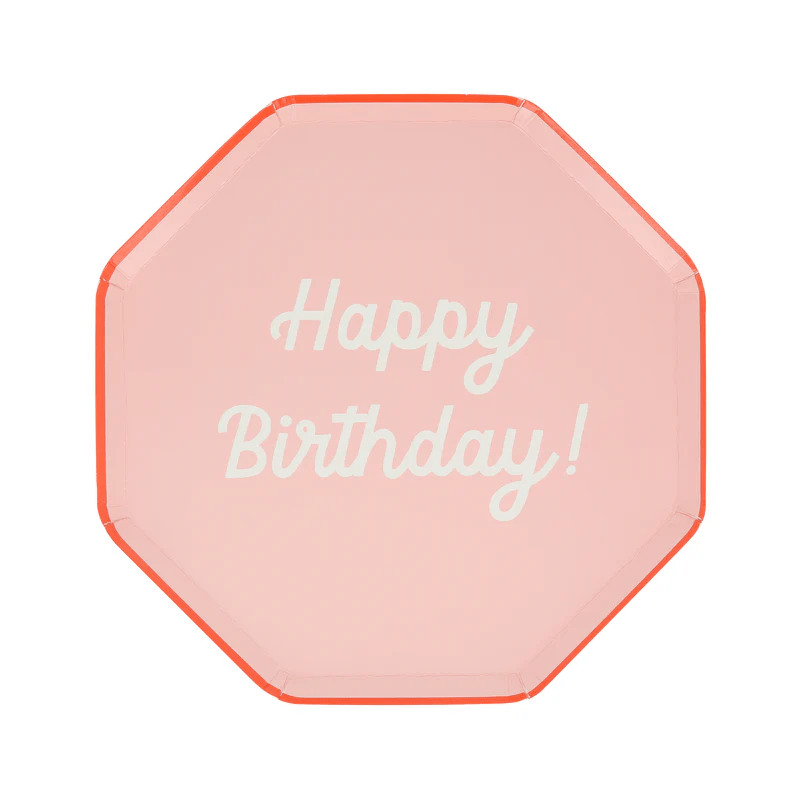 Pink Happy Birthday plate with white text for birthday party from Parte Haus party supply store in Bethesda MD