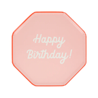 Pink Happy Birthday plate with white text for birthday party from Parte Haus party supply store in Bethesda MD
