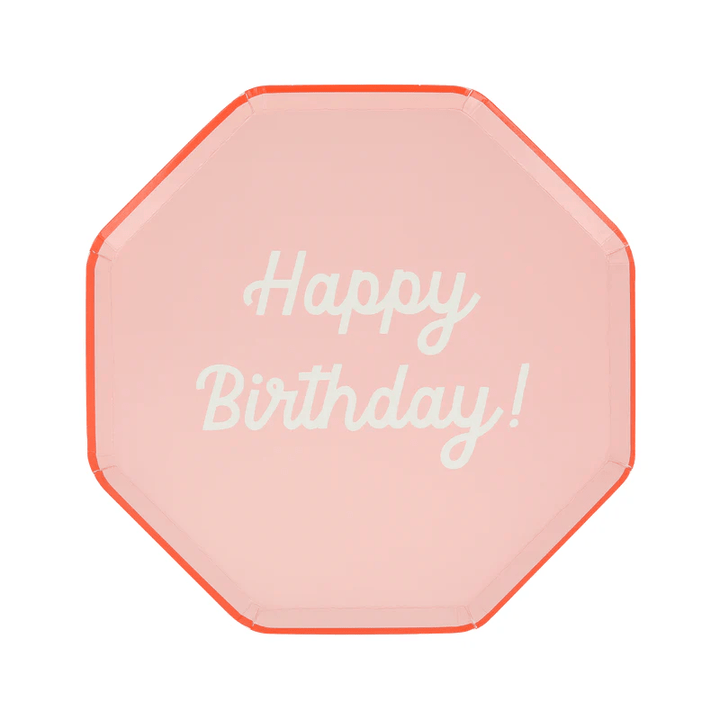 Pink Happy Birthday plate with white text for birthday party from Parte Haus party supply store in Bethesda MD