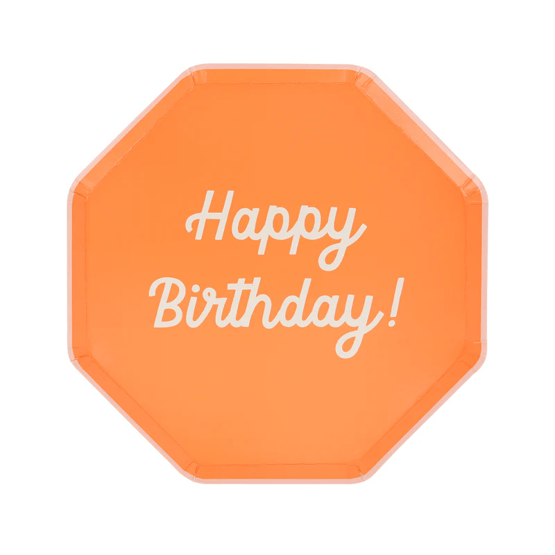 Orange birthday plate with white Happy Birthday text from Parte Haus party supply store in Bethesda MD