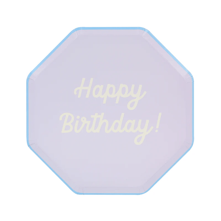 Light purple octagon birthday plate with Happy Birthday text birthday theme from Parte Haus party supply store in Bethesda MD