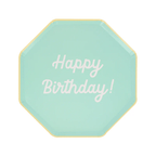 Mint green octagon birthday plate with white text for birthday from Parte Haus party supply store in Bethesda MD.