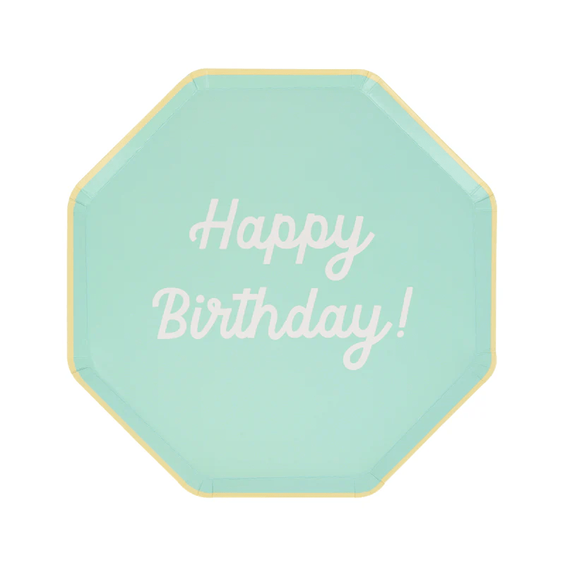 Mint green octagon birthday plate with white text for birthday from Parte Haus party supply store in Bethesda MD.