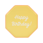 Yellow octagon birthday plate with Happy Birthday text birthday celebration from Parte Haus party supply store in Bethesda MD