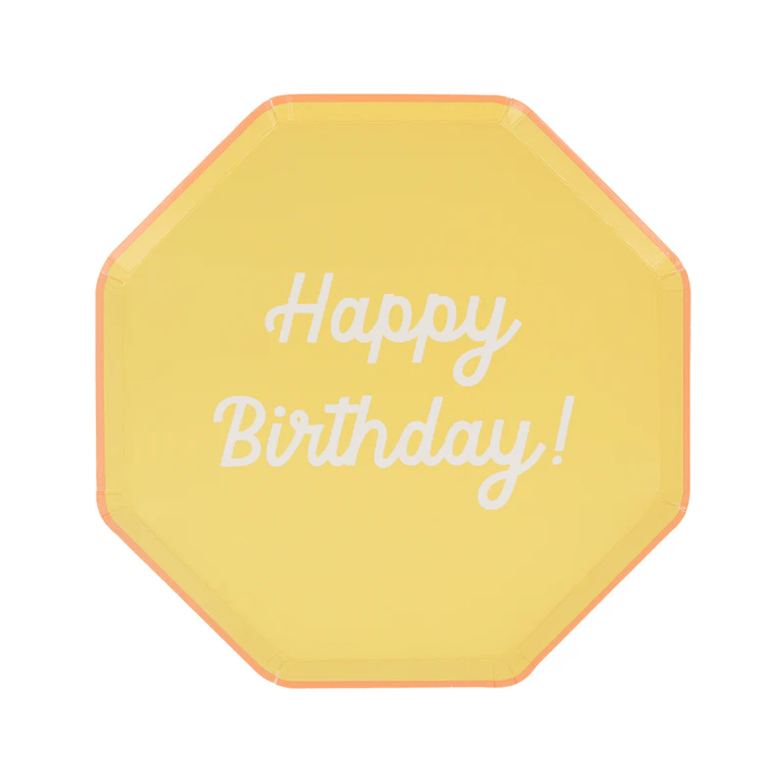 Yellow octagon birthday plate with Happy Birthday text birthday celebration from Parte Haus party supply store in Bethesda MD